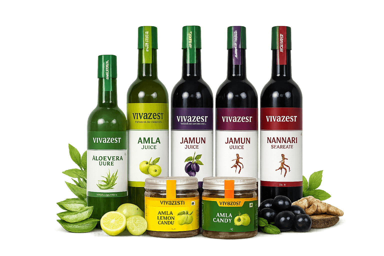 Vivazest hero composition with juices, candies, and fruits